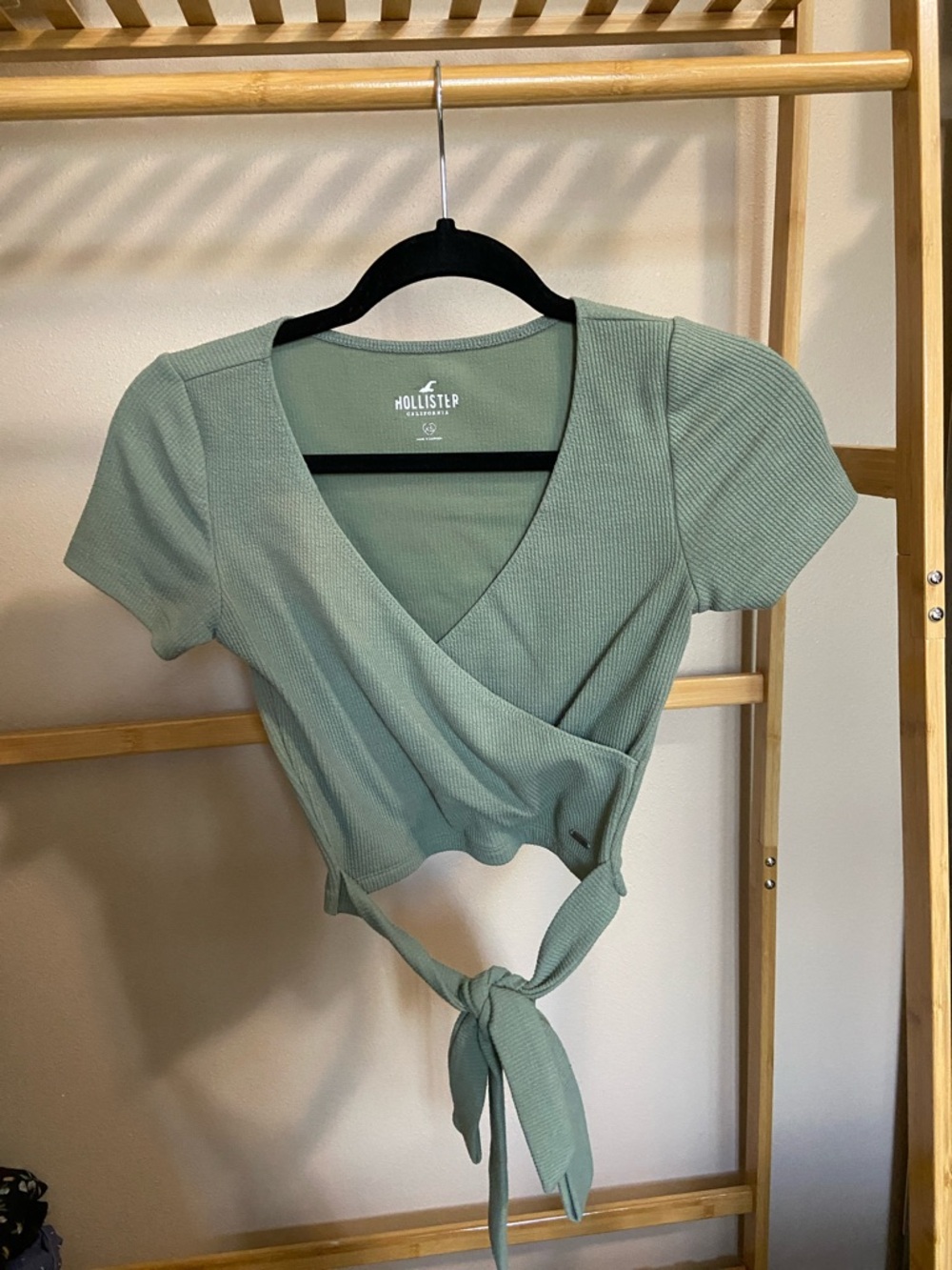 Hollister Sage Green Ribbed Wrap Tie-Front Crop Top